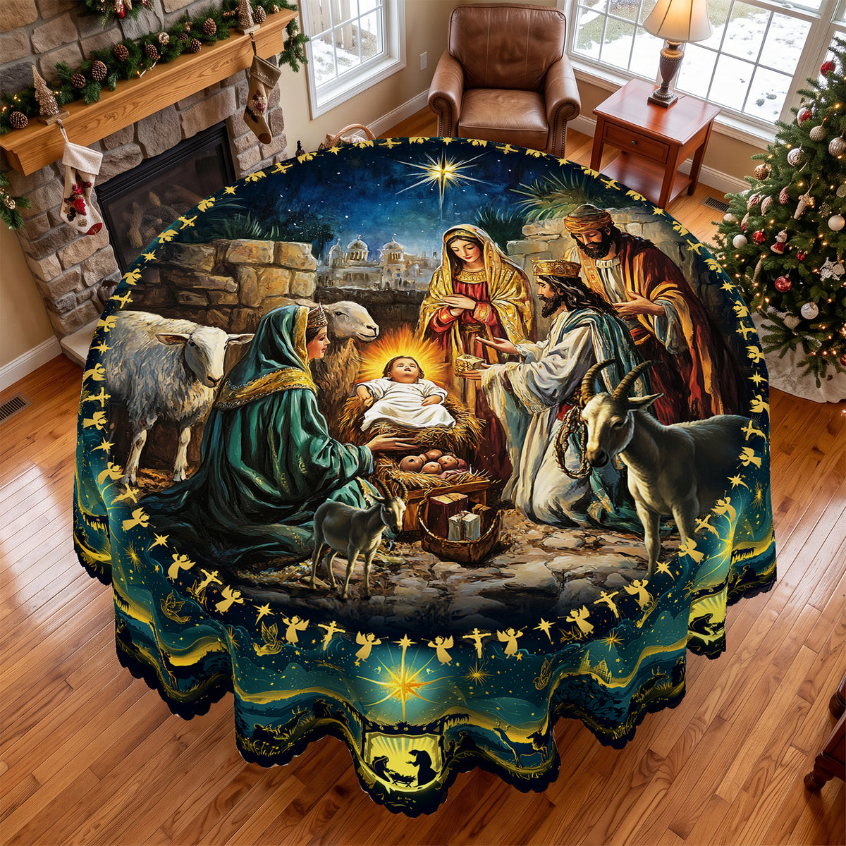 Christmas Winter Village Round Tablecloth, Decorative Dining Table Cover for Dining, Holiday Parties & Christmas Decor - BS031-152R - image 1