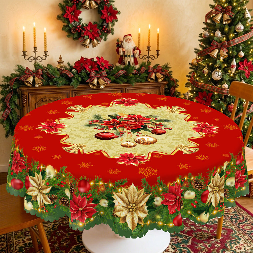 Christmas Holly & Ribbon Round Tablecloth, Decorative Dining Table Cover for Dining, Holiday Parties & Christmas Decor - BS038-152R - image 1