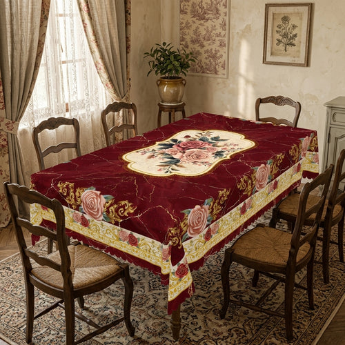 Burgundy Rose Baroque Tablecloth, Decorative Dining Table Cover for Dining Room, Wedding, Party & Vintage Home Decor - H006-1-140 - image 1