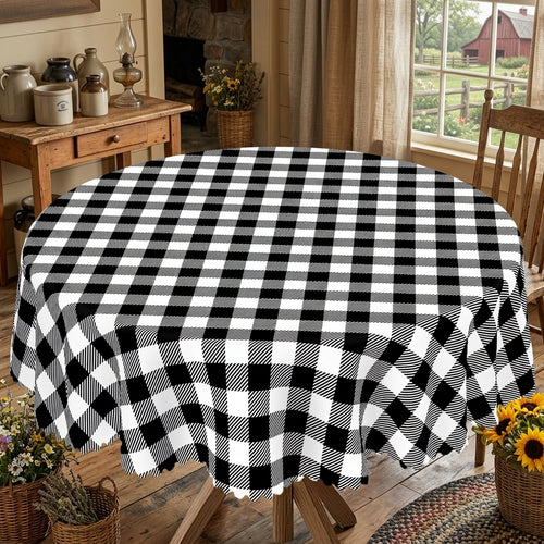 Black & White Buffalo Check Round Tablecloth, Decorative Dining Table Cover for Kitchen, Dining, Picnic & Farmhouse Decor - G300-1-152R - image 1