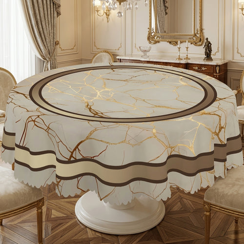 Beige Marble Gold Geometric Round Tablecloth, Decorative Dining Table Cover for Dining Room, Kitchen & Modern Home Decor - JH006-1-152R - image 1