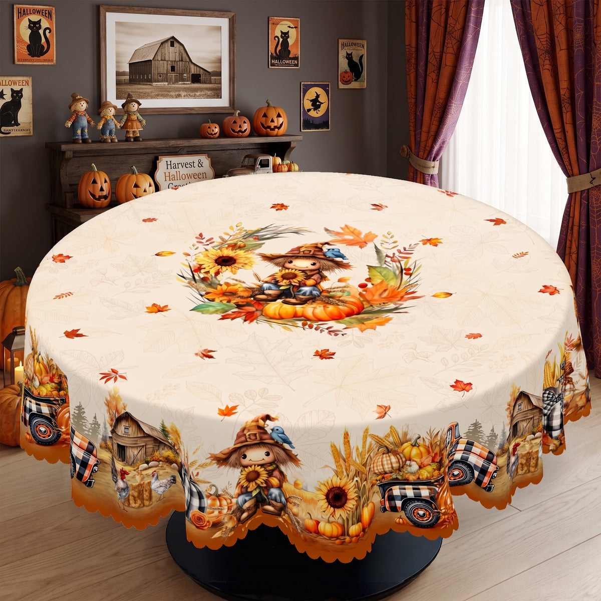 Autumn Scarecrow Harvest Round Tablecloth, Decorative Dining Table Cover for Dining, Thanksgiving & Farmhouse Fall Decor - BQ011-180R - image 1