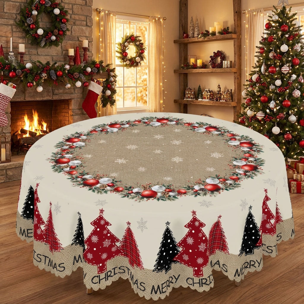 Christmas Holly Wreath Round Tablecloth, Decorative Dining Table Cover for Dining, Holiday Parties & Christmas Decor - BS039-180R - image 1