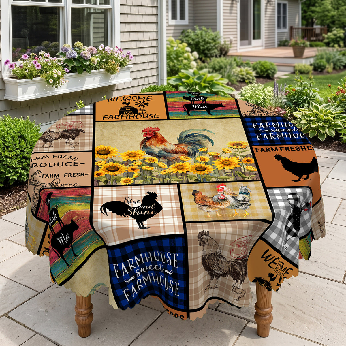 Farm Rooster Patchwork Round Tablecloth, Decorative Dining Table Cover for Kitchen, Dining & Farmhouse Home Decor - N58-1-152R - image 1