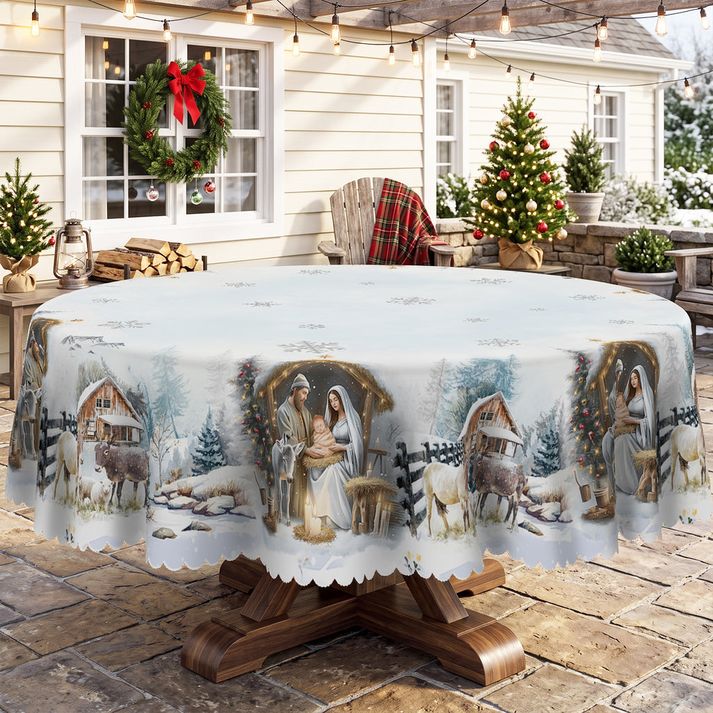 Christmas Winter Village Round Tablecloth, Decorative Dining Table Cover for Dining, Holiday Parties & Christmas Decor - BS016-152R - image 1