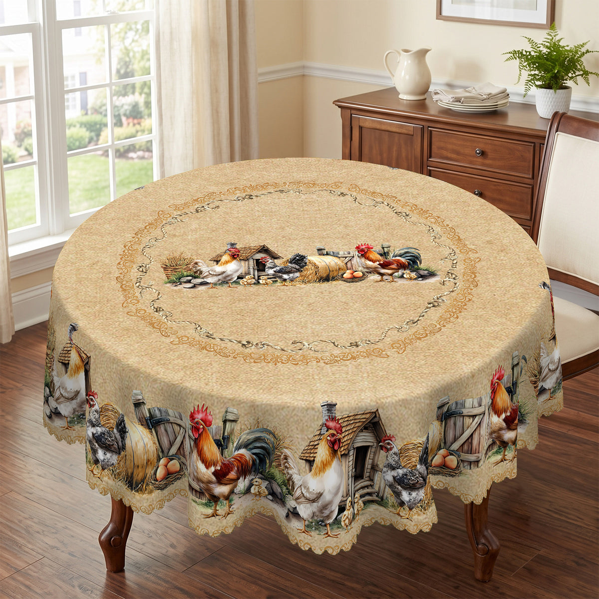 Vintage Farm Rooster Floral Round Tablecloth, Decorative Dining Table Cover for Kitchen, Dining & Farmhouse Home Decor - BN007-1-152R - image 1