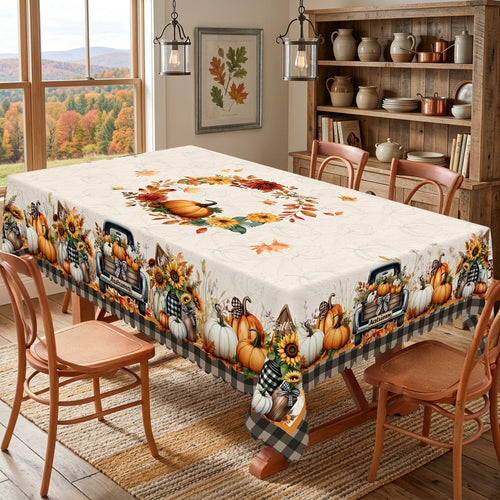 Fall Pumpkin Truck Farmhouse Tablecloth, Decorative Dining Table Cover for Thanksgiving, Fall Dining & Farmhouse Decor - BQ005-140 - image 1