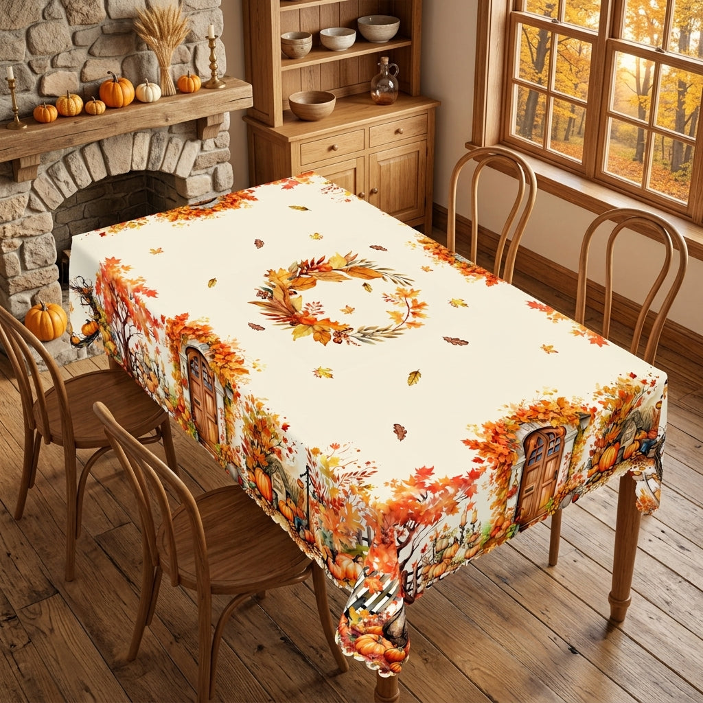 Autumn Village Harvest Tablecloth, Decorative Dining Table Cover for Thanksgiving, Fall Dining & Autumn Home Decor - BQ002-140 - image 1