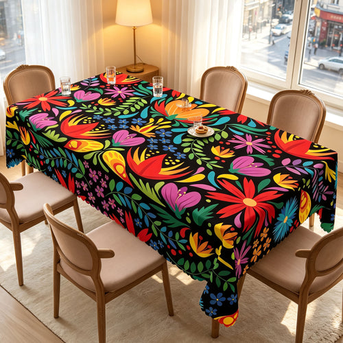 Black Folk Floral Tablecloth, Decorative Dining Table Cover for Dining, Party & Boho Home Decor - BF001-1-180 - image 1