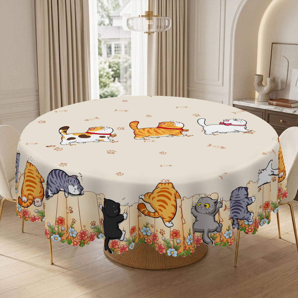 Colorful Cat & Floral Round Tablecloth, Decorative Dining Table Cover for Kitchen, Dining & Cat Lover Home Decor - M027-1-152R - image 1