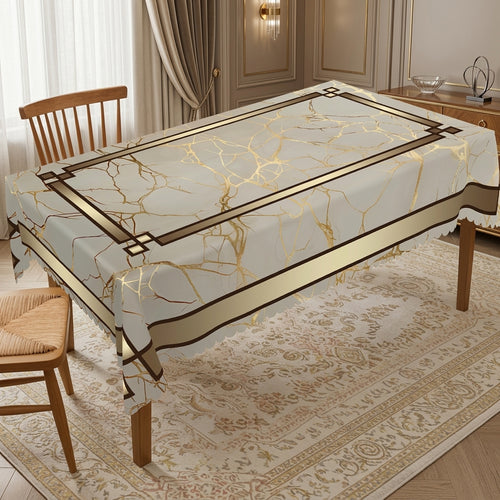 Beige Marble Gold Geometric Tablecloth, Decorative Dining Table Cover for Dining Room, Kitchen & Modern Home Decor - JH006-1-140 - image 1