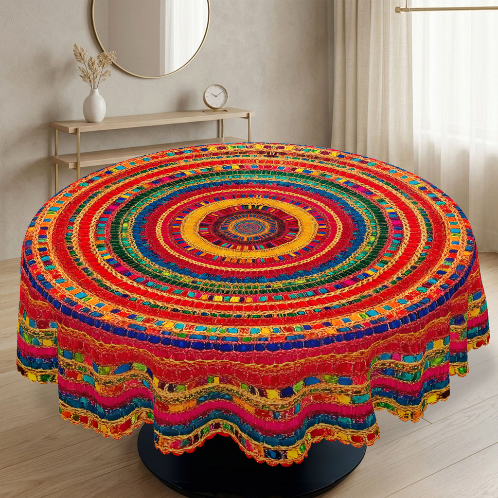 Colorful Boho Geometric Round Tablecloth, Decorative Dining Table Cover for Dining, Party, Patio & Boho Home Decor - BX010-1-152R - image 1