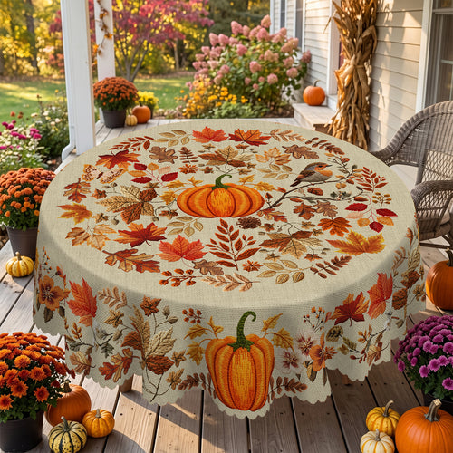 Autumn Pumpkin Floral Round Tablecloth, Decorative Dining Table Cover for Dining, Thanksgiving & Fall Home Decor - BQ004-152R - image 1