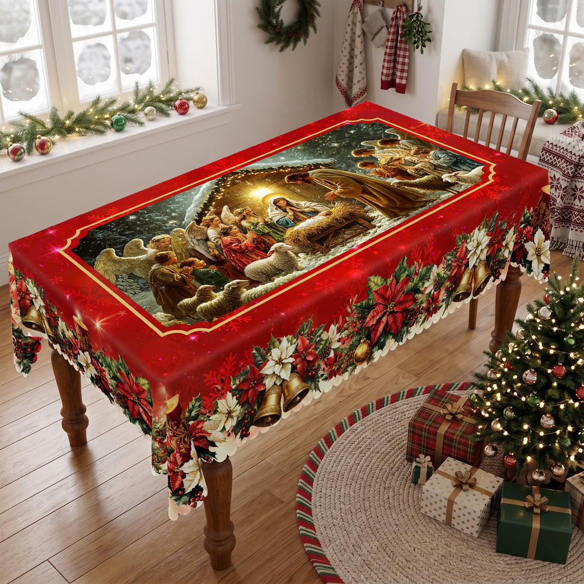 Christmas Santa Holiday Scene Tablecloth, Decorative Dining Table Cover for Dining, Holiday Parties & Christmas Decor - BS028-305 - image 1
