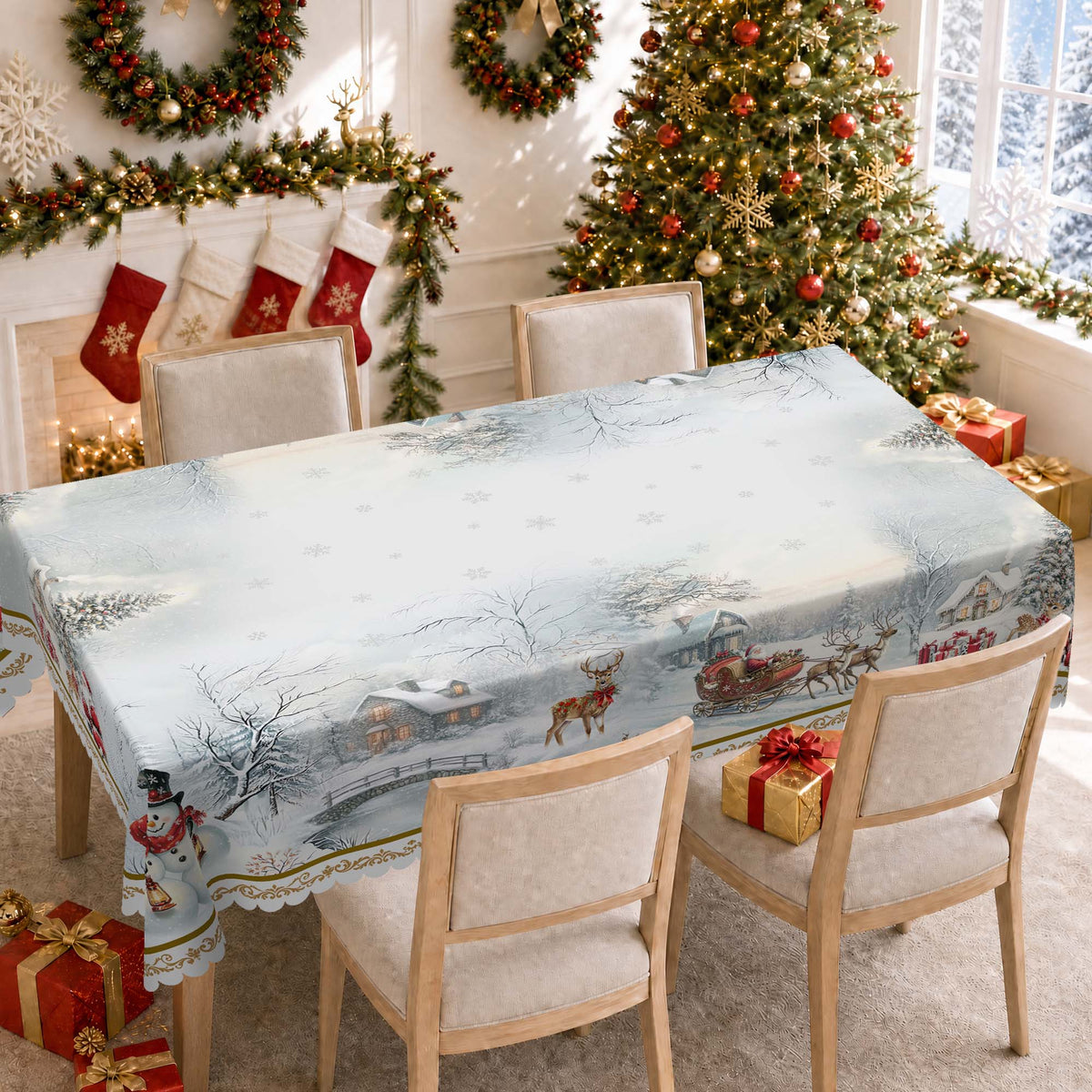 Janvonne Christmas Round Table cloths, 60 inch Vintage Santa Snowman Wreath Table Cover for Indoor Outdoor Party Dining Decor, Christmas Gift