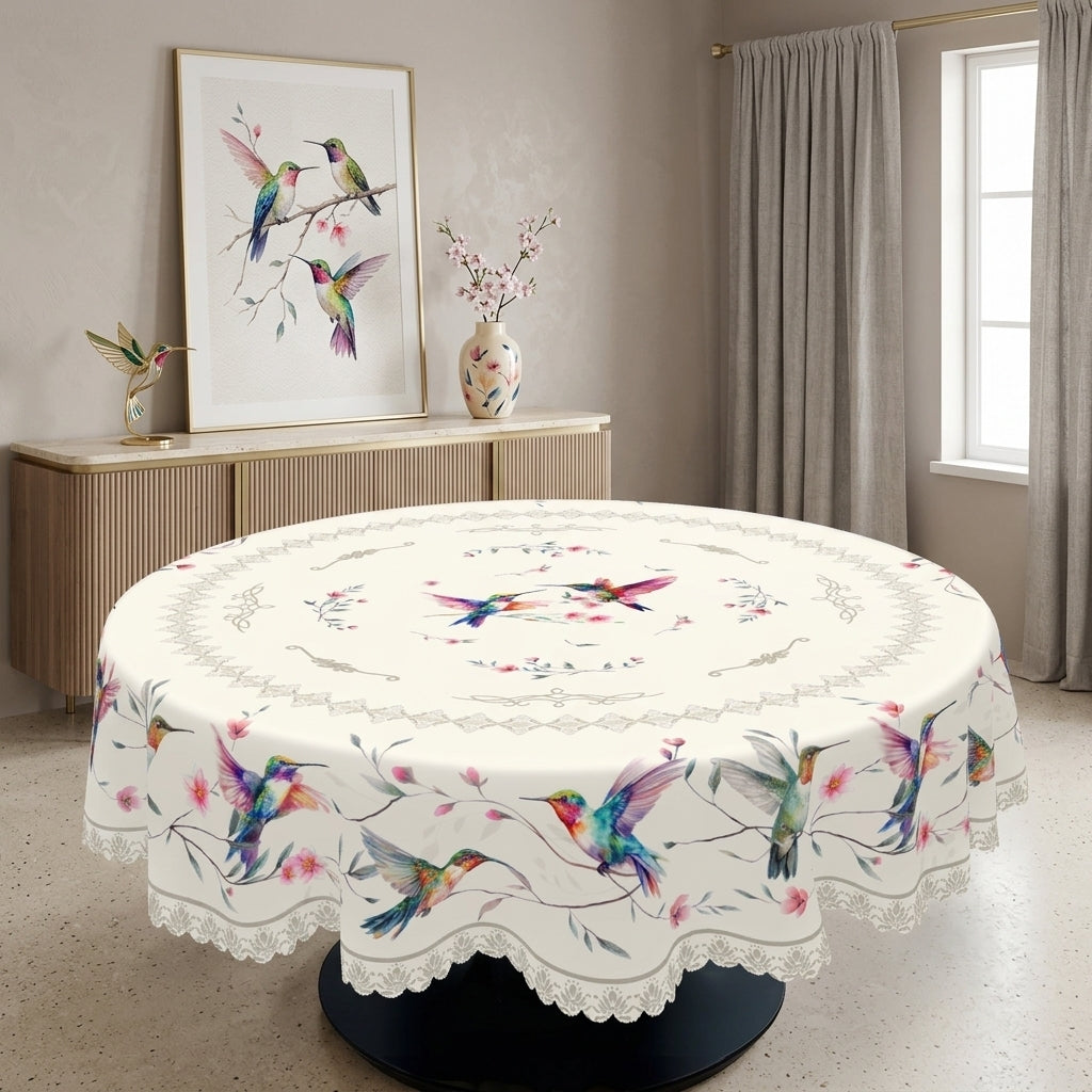 Hummingbird Spring Floral Round Tablecloth, Decorative Dining Table Cover for Dining Room, Garden Party & Spring Decor - CT001-1-152R - image 2