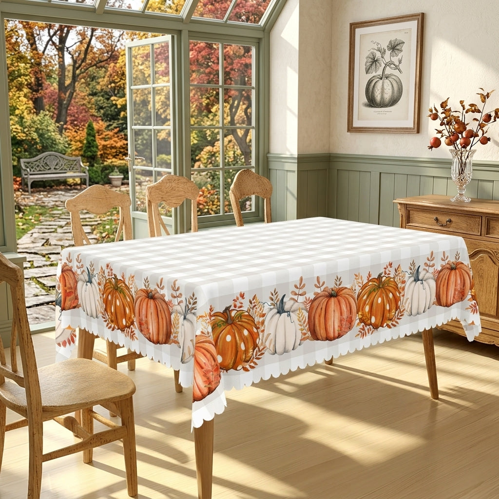 Fall Pumpkin Gingham Tablecloth, Decorative Dining Table Cover for Thanksgiving, Fall Dining & Farmhouse Decor - BQ001-220 - image 2