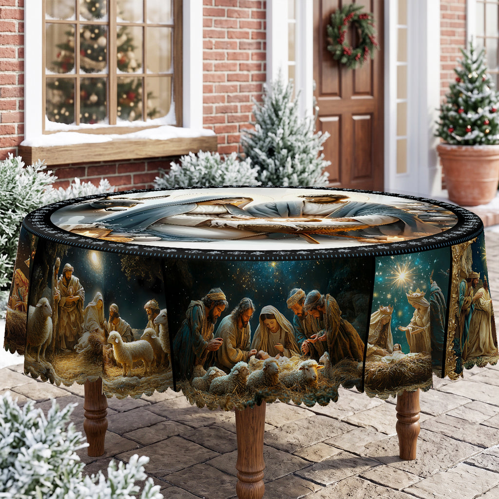 Christmas Nativity Scene Round Tablecloth, Decorative Dining Table Cover for Dining, Holiday Parties & Christmas Decor - SJ063-152R - image 2