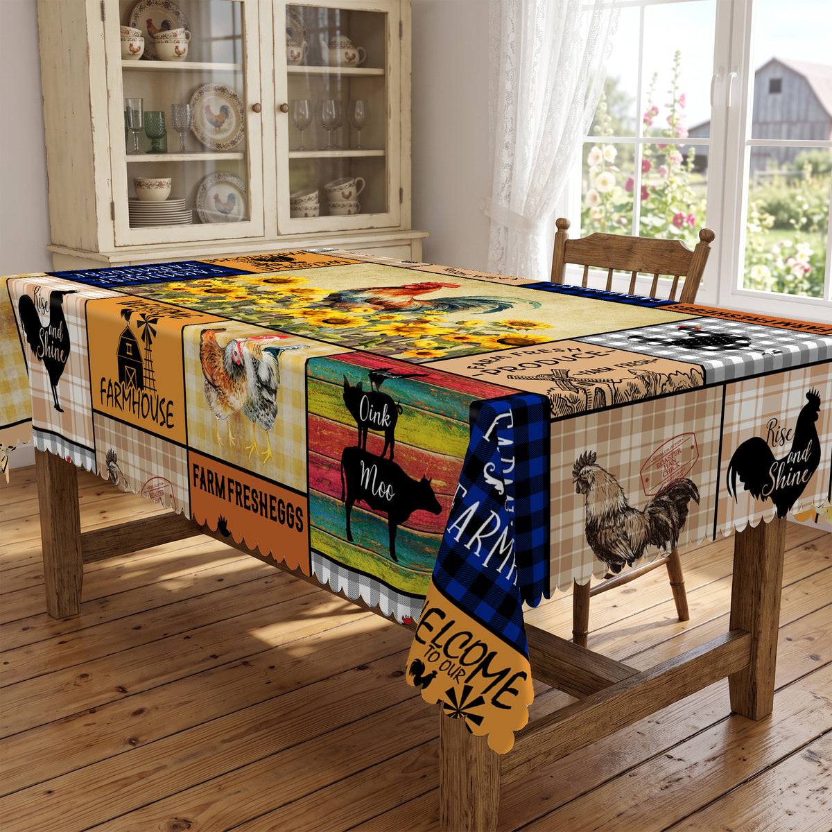 Farm Rooster Patchwork Tablecloth, Decorative Dining Table Cover for Kitchen, Dining & Farmhouse Home Decor - N58-220 - image 2