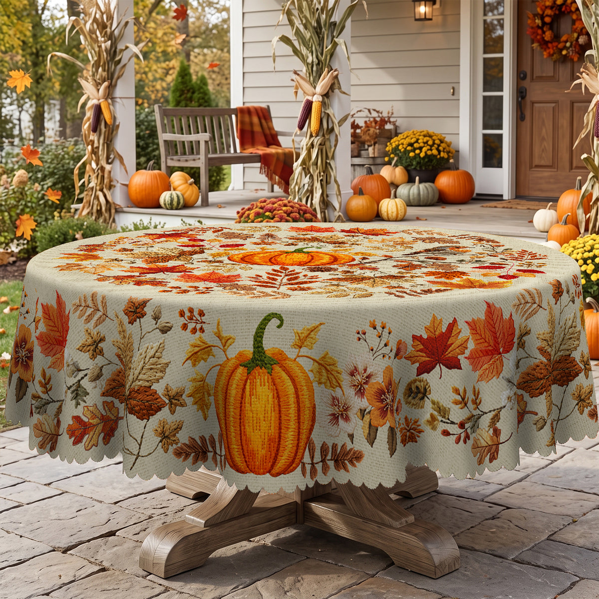 Autumn Pumpkin Floral Round Tablecloth, Decorative Dining Table Cover for Dining, Thanksgiving & Fall Home Decor - BQ004-152R - image 2