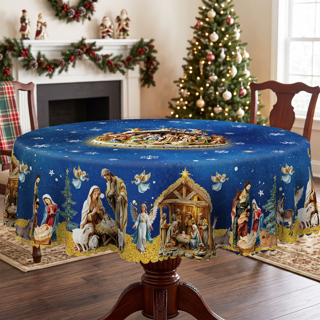 Blue Starry Nativity Round Tablecloth, Decorative Dining Table Cover for Dining, Holiday Parties & Christmas Decor - BS042-180R - image 2