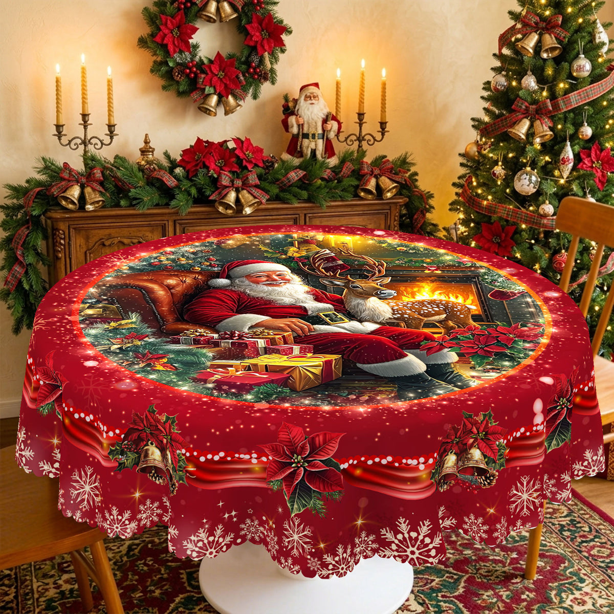 Christmas Santa Fireplace Round Tablecloth, Decorative Dining Table Cover for Dining, Holiday Parties & Christmas Decor - BS022-180R - image 2