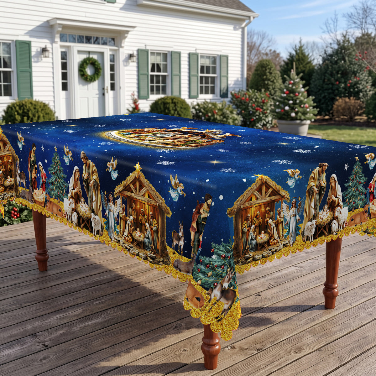Blue Starry Nativity Tablecloth, Decorative Dining Table Cover for Dining, Holiday Parties & Christmas Decor - BS042-220 - image 2