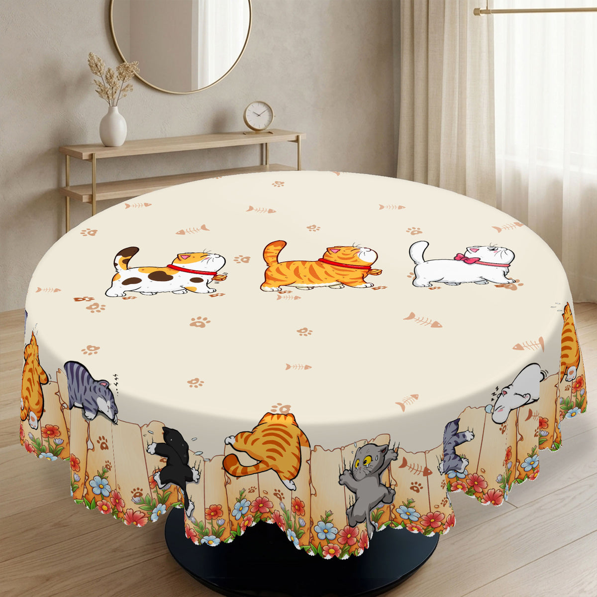 Colorful Cat & Floral Round Tablecloth, Decorative Dining Table Cover for Kitchen, Dining & Cat Lover Home Decor - M027-1-152R - image 2