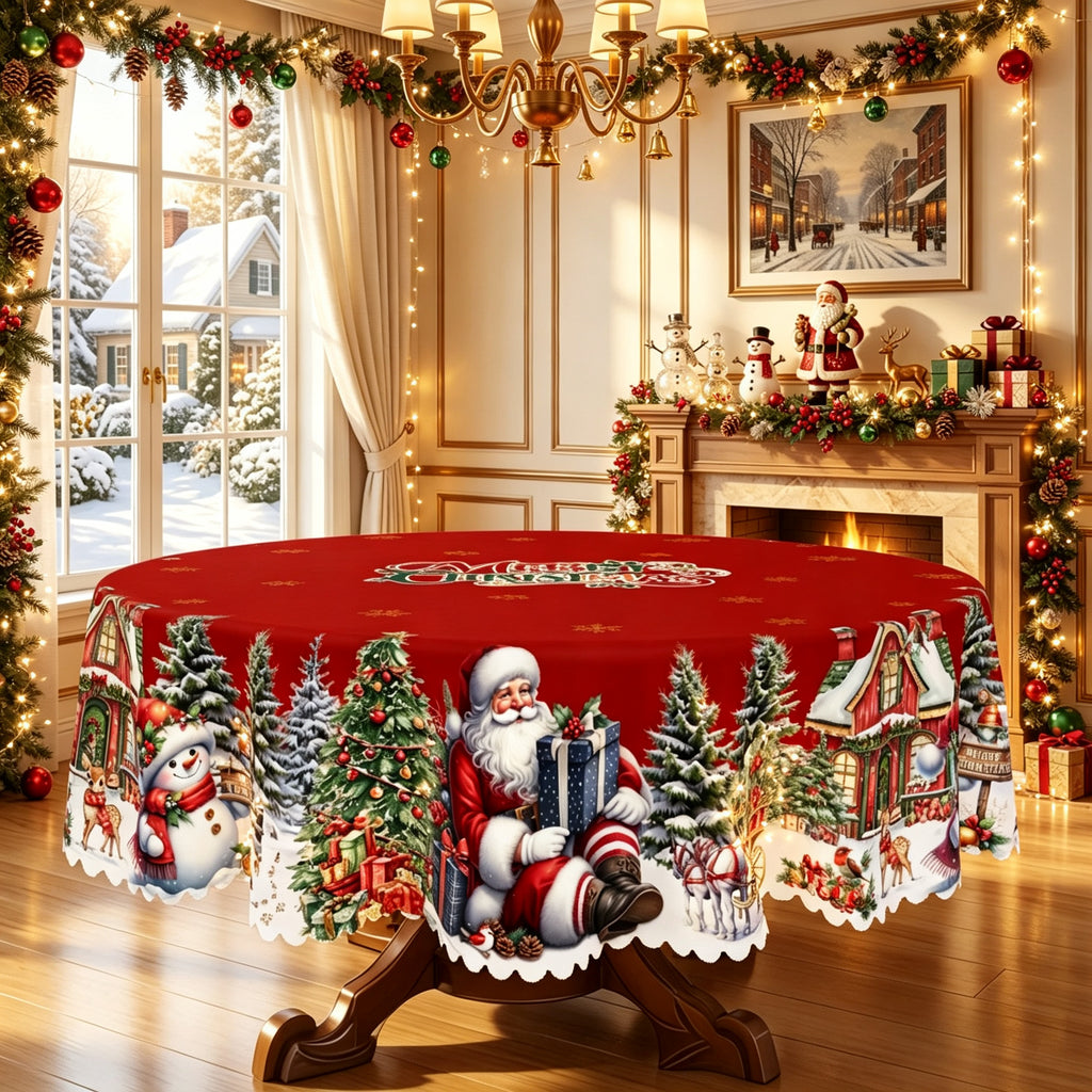 Christmas Santa Village Round Tablecloth, Decorative Dining Table Cover for Dining, Holiday Parties & Christmas Decor - BS001-180R - image 2
