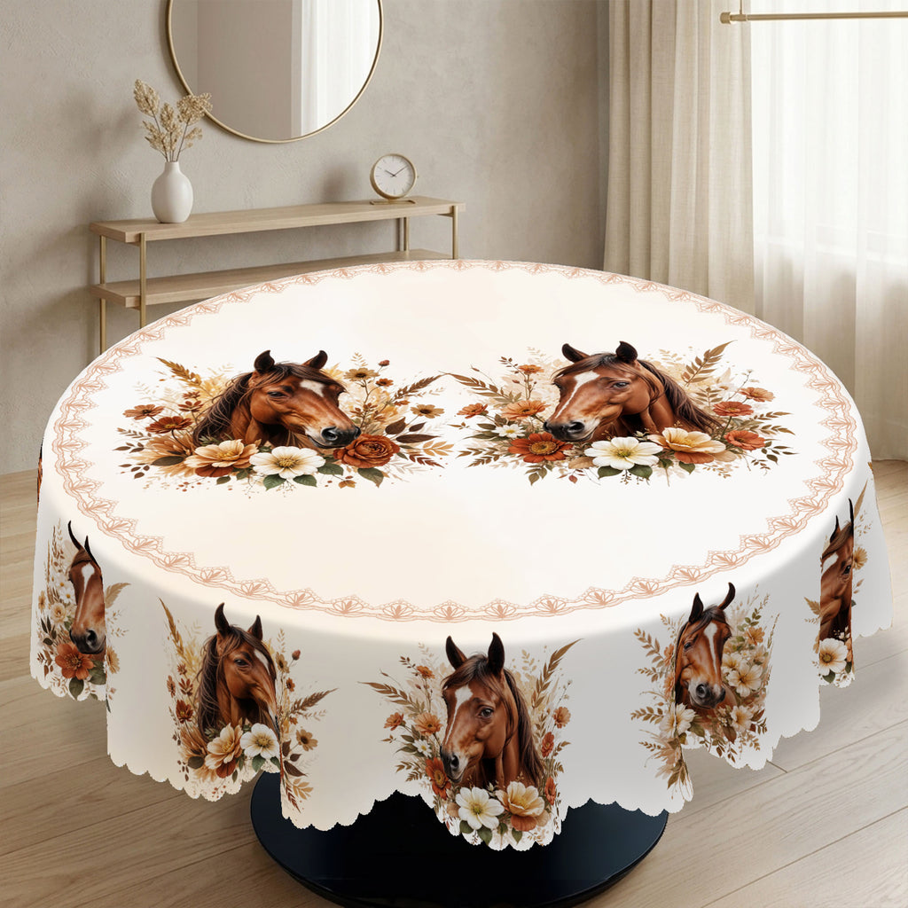 Vintage Horse & Floral Round Tablecloth, Decorative Dining Table Cover for Dining Room, Farmhouse & Country Decor - CT006-152R - image 2