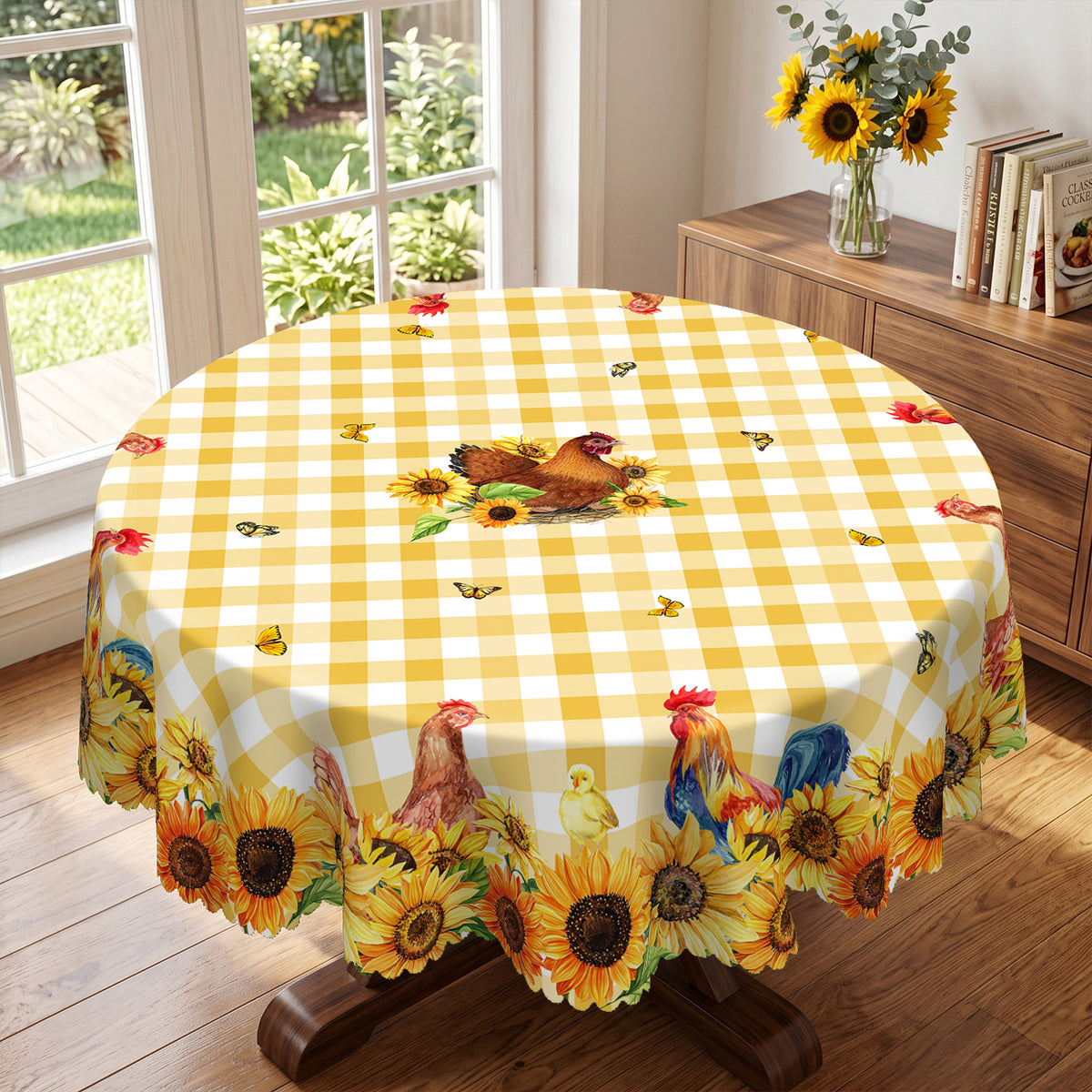 Sunflower Gingham Chicken Round Tablecloth, Decorative Dining Table Cover for Kitchen, Dining & Farmhouse Home Decor - N343-1-152R - image 2