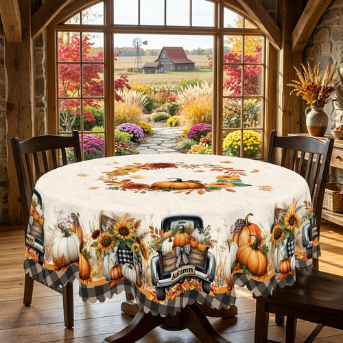 Fall Pumpkin Truck Farmhouse Round Tablecloth, Decorative Dining Table Cover for Thanksgiving, Fall Dining & Farmhouse Decor - BQ005-152R - image 2