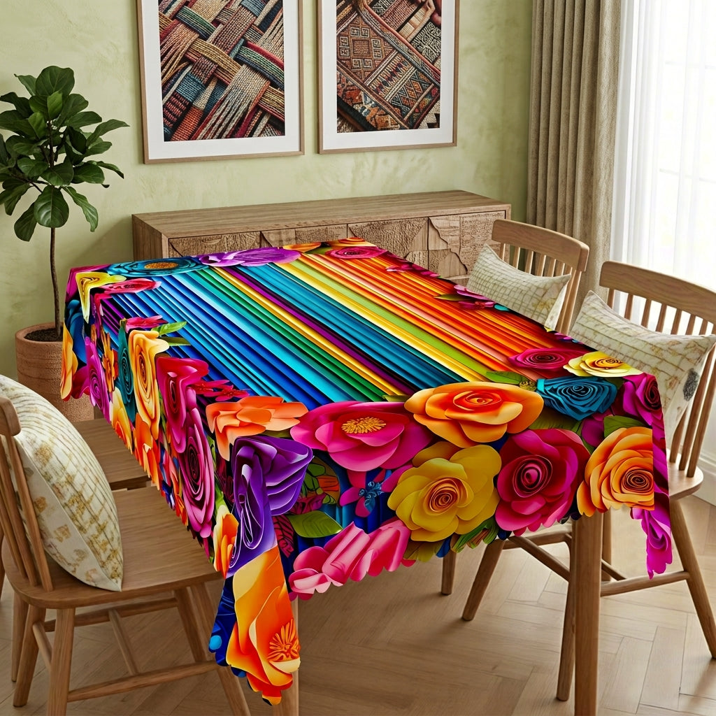 Vibrant Mexican Floral Stripe Tablecloth, Decorative Dining Table Cover for Dining, Party, Patio & Colorful Home Decor - 70-1-140 - image 2