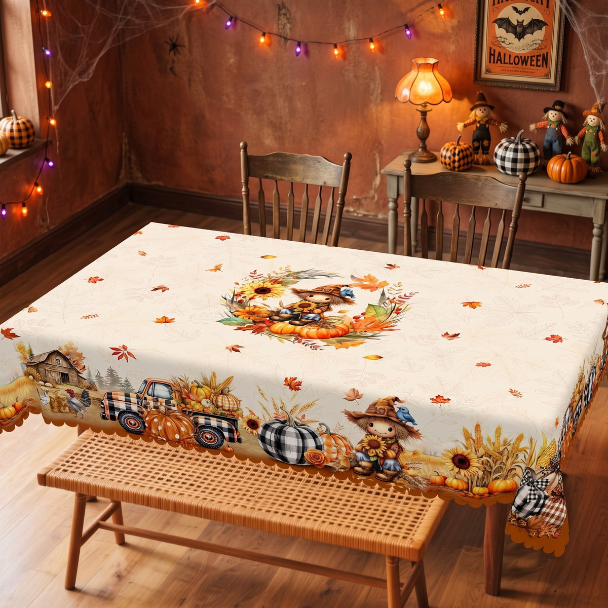 Autumn Scarecrow Harvest Tablecloth, Decorative Dining Table Cover for Dining, Thanksgiving & Farmhouse Fall Decor - BQ011-220 - image 2