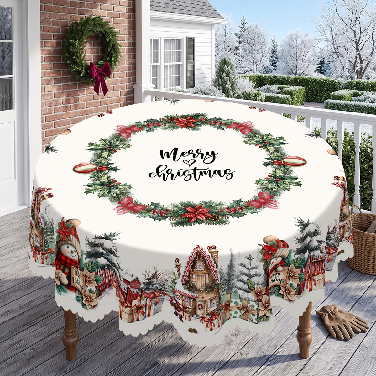 Christmas Snowman Village Round Tablecloth, Decorative Dining Table Cover for Dining, Holiday Parties & Christmas Decor - BS010-180R - image 2