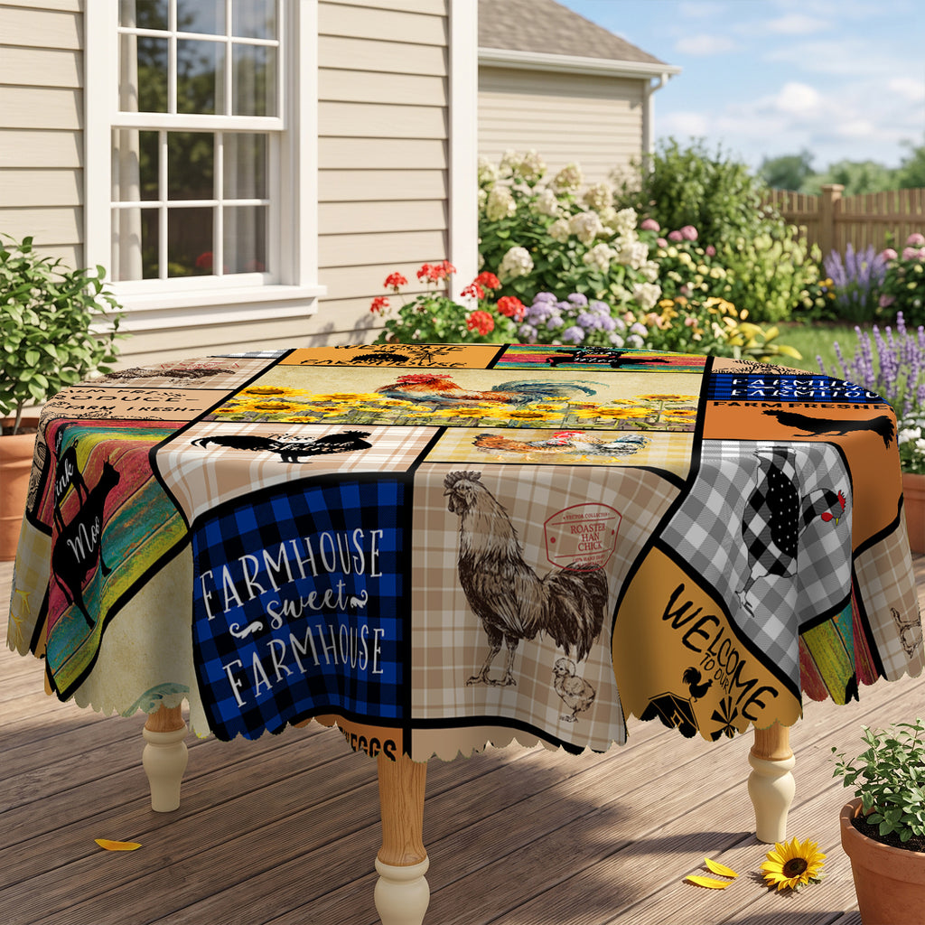 Farm Rooster Patchwork Round Tablecloth, Decorative Dining Table Cover for Kitchen, Dining & Farmhouse Home Decor - N58-1-152R - image 2