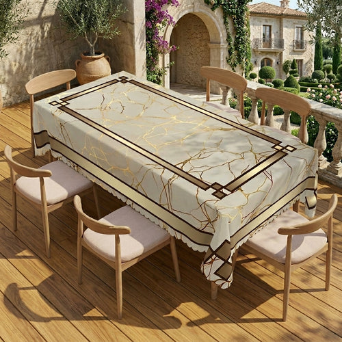 Beige Marble Gold Geometric Tablecloth, Decorative Dining Table Cover for Dining Room, Kitchen & Modern Home Decor - JH006-1-140 - image 2