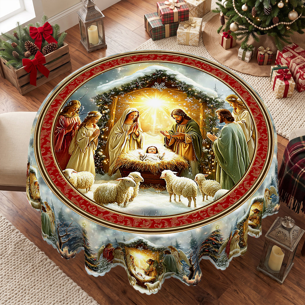 Christmas Nativity Scene Round Tablecloth, Decorative Dining Table Cover for Dining, Holiday Parties & Christmas Decor - BS037-152R - image 2