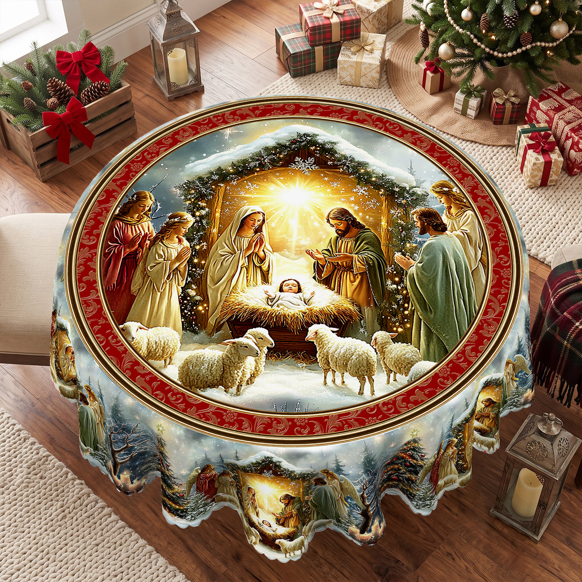 Christmas Nativity Scene Round Tablecloth, Decorative Dining Table Cover for Dining, Holiday Parties & Christmas Decor - BS037-152R - image 2