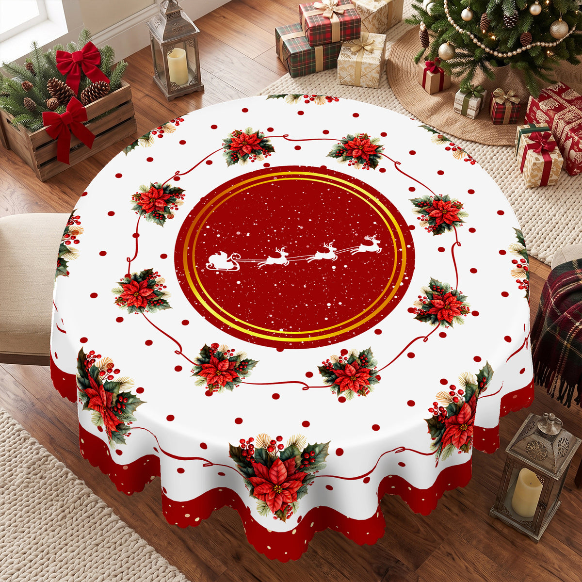 Christmas Red Rose Medallion Round Tablecloth, Decorative Dining Table Cover for Dining, Holiday Parties & Christmas Decor - H138-152R - image 2