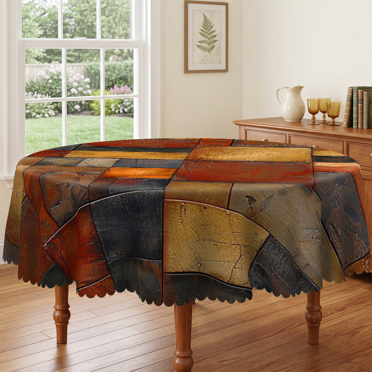 Rustic Patchwork Wood Plank Round Tablecloth, Decorative Dining Table Cover for Kitchen, Dining & Farmhouse Home Decor - BN005-1-152R - image 2