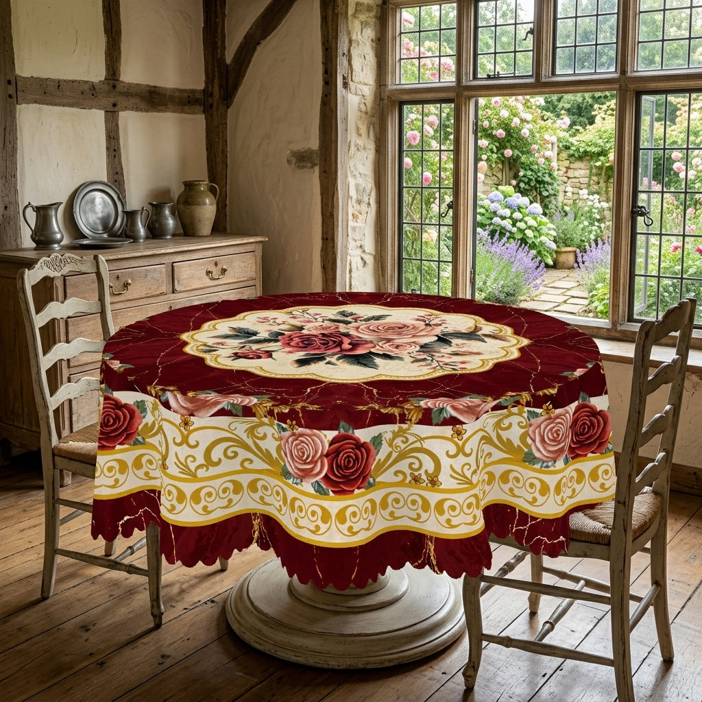 Burgundy Rose Baroque Round Tablecloth, Decorative Dining Table Cover for Dining Room, Wedding, Party & Vintage Home Decor - H006-1-152R - image 2