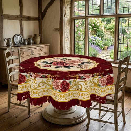 Burgundy Rose Baroque Round Tablecloth, Decorative Dining Table Cover for Dining Room, Wedding, Party & Vintage Home Decor - H006-1-152R - image 2