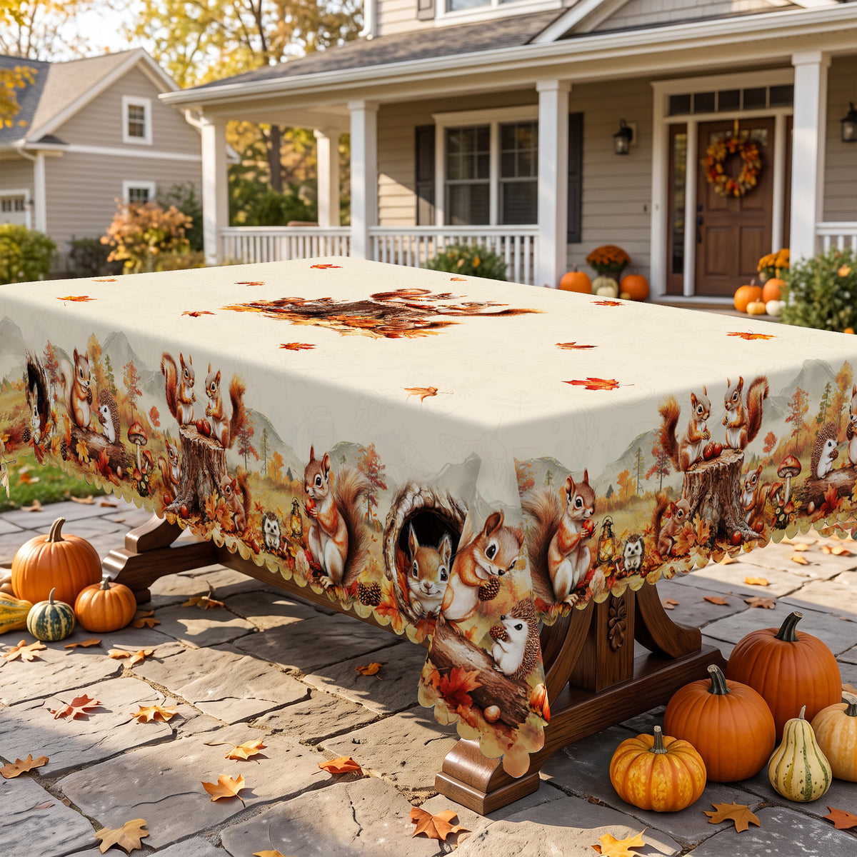 Autumn Squirrel Harvest Tablecloth, Decorative Dining Table Cover for Dining, Thanksgiving & Fall Home Decor - BQ015-140 - image 2