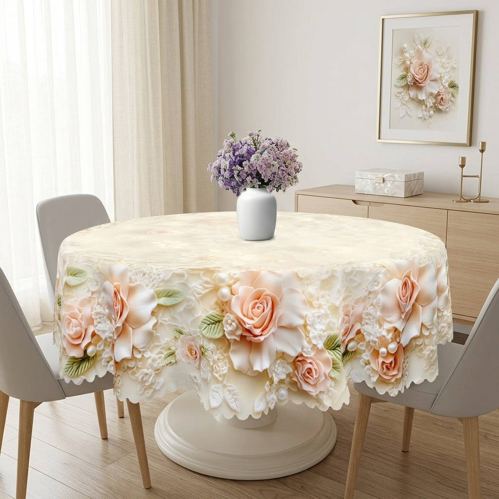 Romantic Pink Rose Lace Round Tablecloth, Decorative Dining Table Cover for Dining, Wedding, Party & Home Decor - BH007-1-152R - image 2