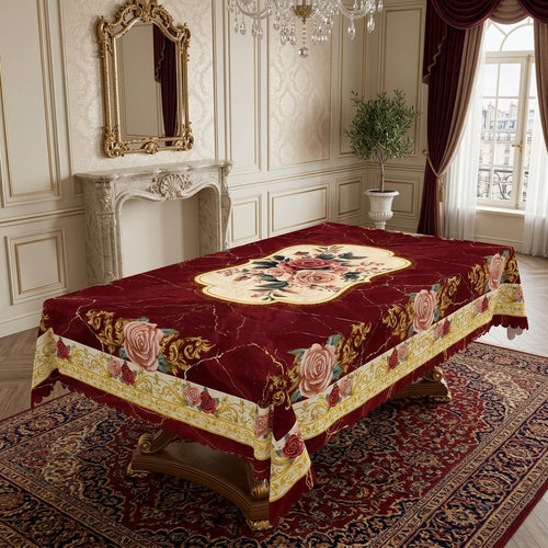 Burgundy Rose Baroque Tablecloth, Decorative Dining Table Cover for Dining Room, Wedding, Party & Vintage Home Decor - H006-1-140 - image 2