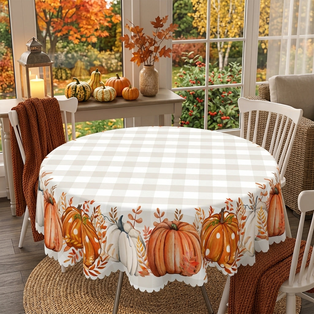 Fall Pumpkin Gingham Round Tablecloth, Decorative Dining Table Cover for Thanksgiving, Fall Dining & Farmhouse Decor - BQ001-152R - image 2