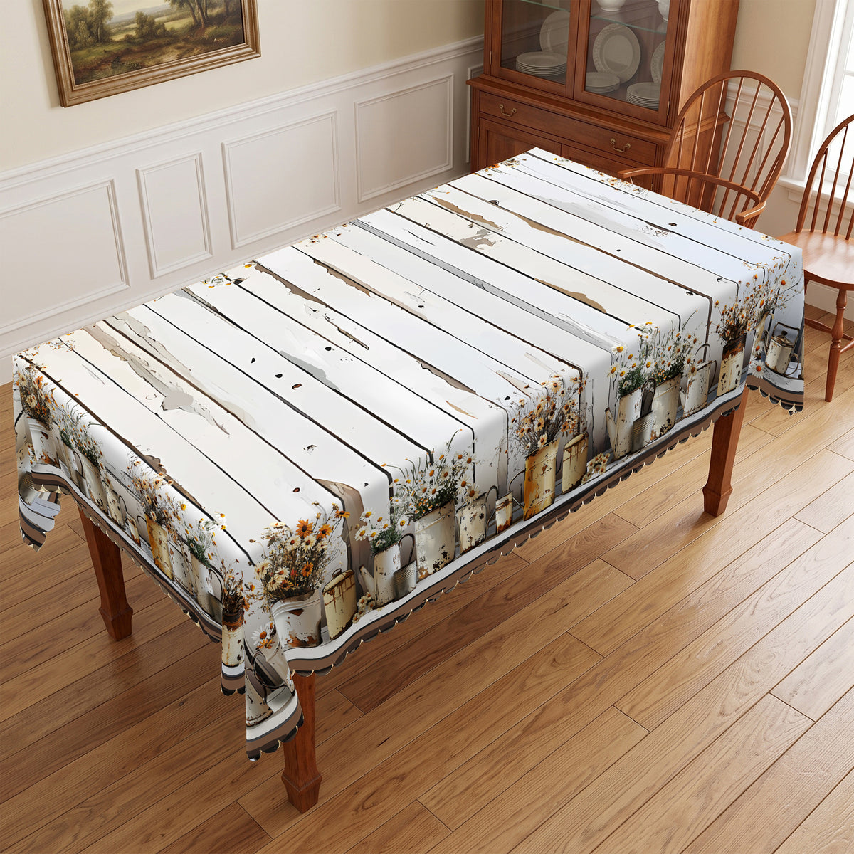 Whitewashed Wood Plank Daisy Tablecloth, Decorative Dining Table Cover for Kitchen, Dining & Farmhouse Home Decor - BN008-1-220 - image 2
