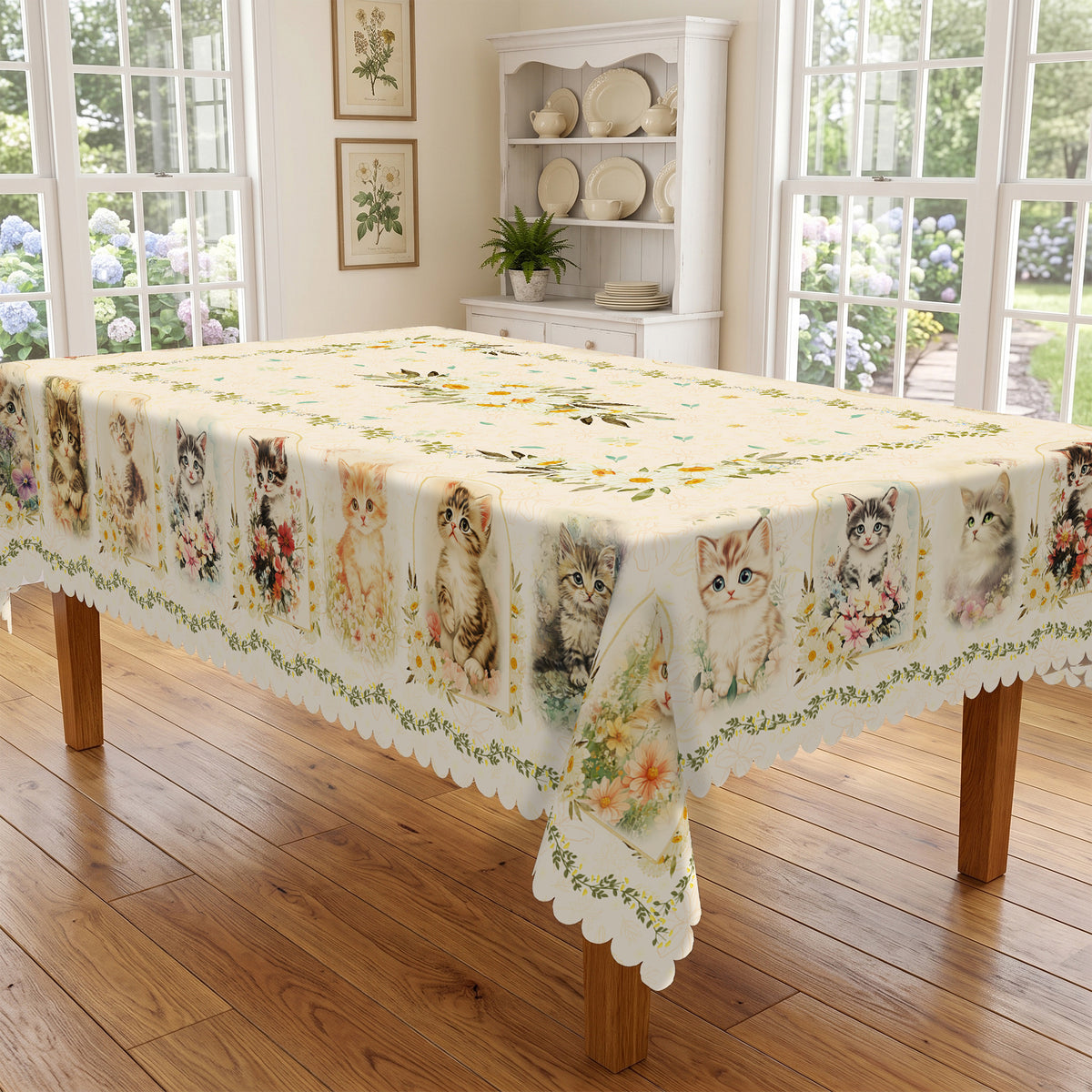 Kitten & Daisy Floral Tablecloth, Decorative Dining Table Cover for Kitchen, Dining & Pet Lover Home Decor - BM002-220 - image 2