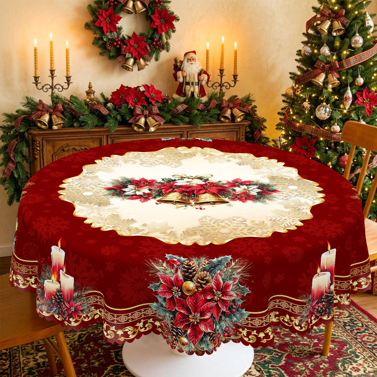 Christmas Holly Wreath Round Tablecloth, Decorative Dining Table Cover for Dining, Holiday Parties & Christmas Decor - BS026-180R - image 2